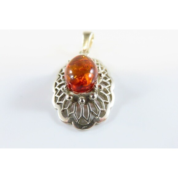 Sterling Baltic Amber Pendant 925 Pierced Frame 1 3/4" Drop - Picture 3 of 9